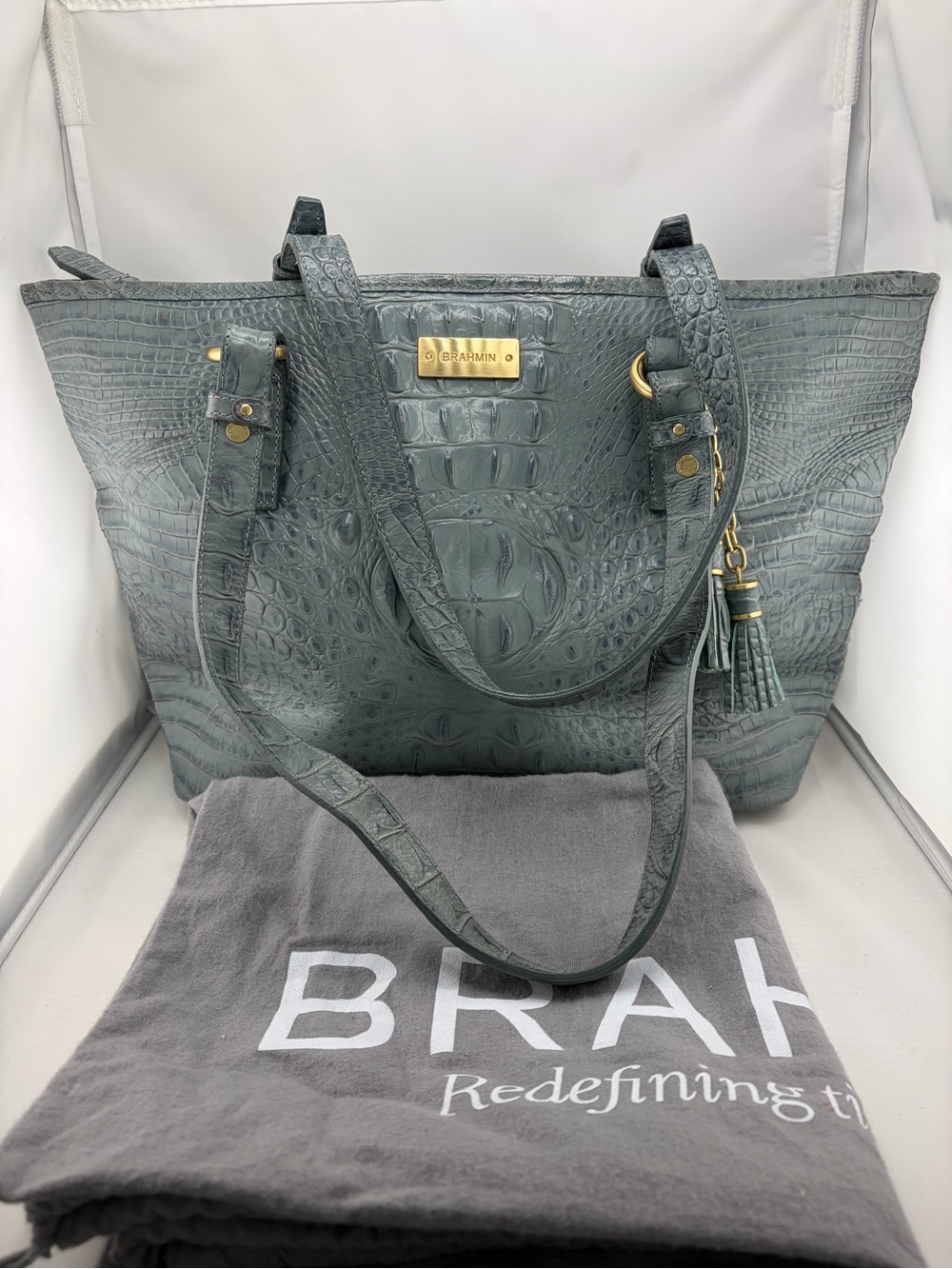 Brahmin Medium Asher Tote Shoulder Bag Blue Croc With Dust Bag Tassle Embossed